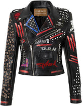 Biker's Gothic Leather Patches Outfit, Women's Misfit Punk Rock Jacket, Personalized Studded The Exploited Wear, Ring Studs Vampira Jacket,